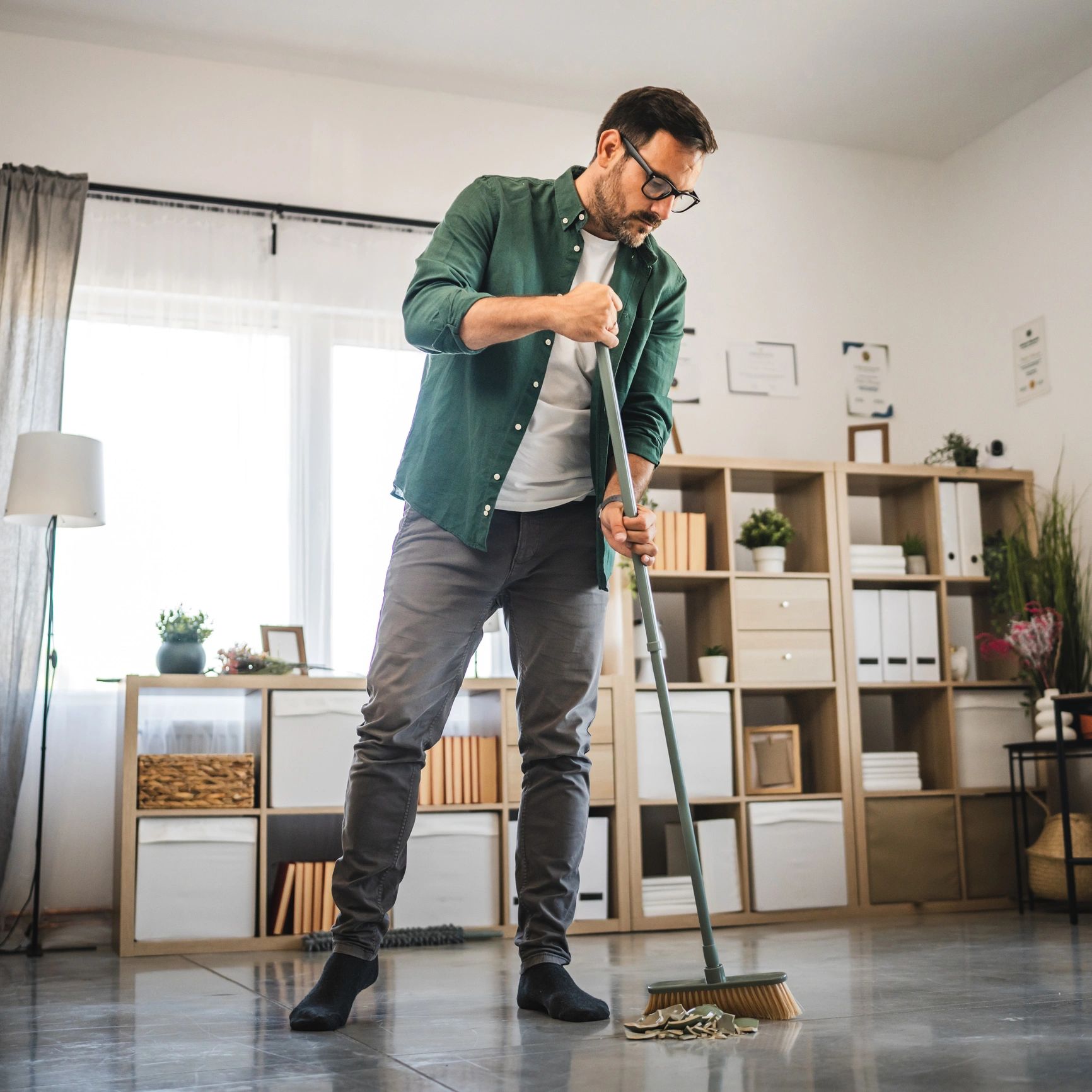 Man sweeping modern interior